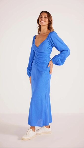 MinkPink Phoebe Ruched Midi Dress (Sapphire, XS )