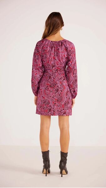 MinkPink Chiara Ruched Mini Dress (Merlot Floral, XS )