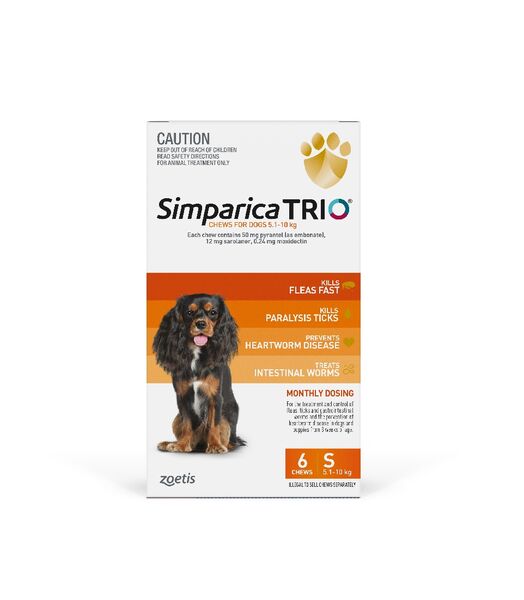 Simparica Trio Orange Flea, Tick & Worm Chews Dogs Small 5.1-10kg 6 pack