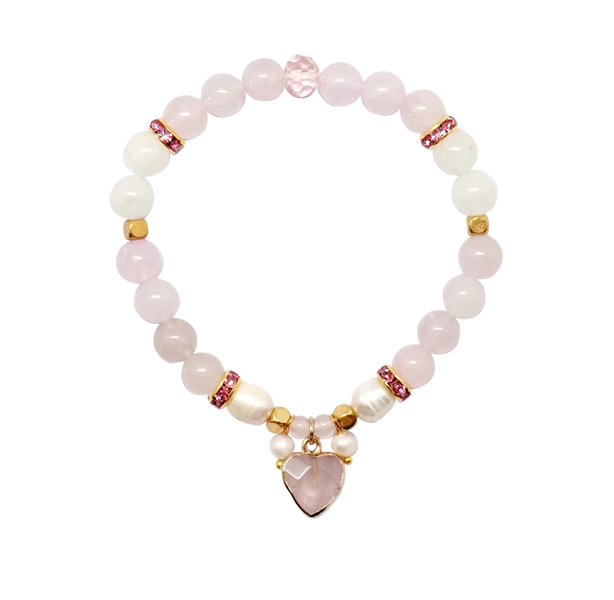 Rose Quartz Crystal Heart Bracelet With Bamboo Tray